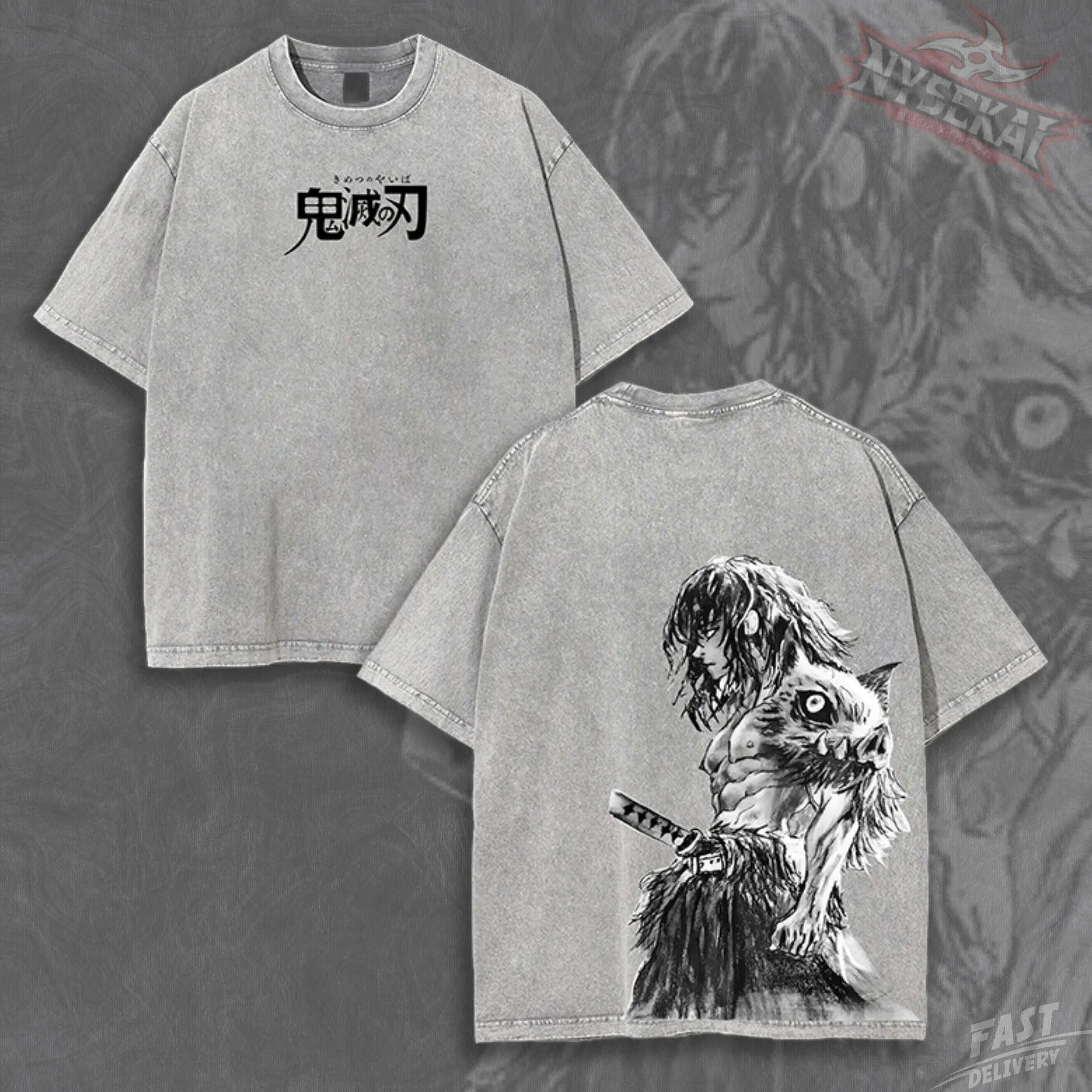 Kitsukai Inosuke Hashibira Beast Breathing Graphic Tee – Vintage Washed Cotton Anime Shirt