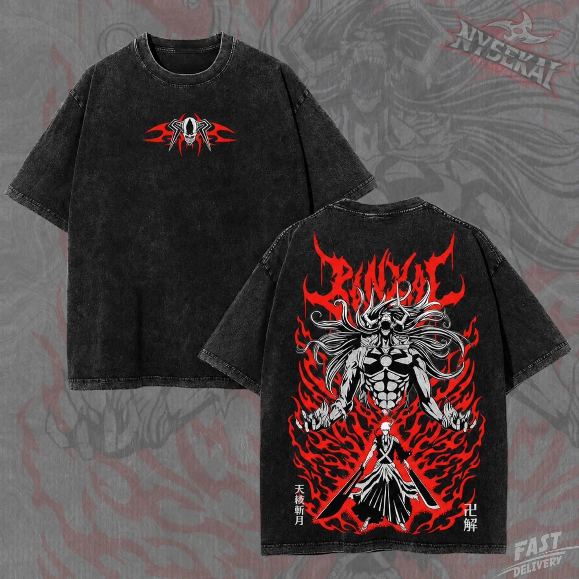 Kitsukai Ichigo Dual Swords Hollow King Bankai Vintage Wash Heavyweight Graphic Tee Pump Cover