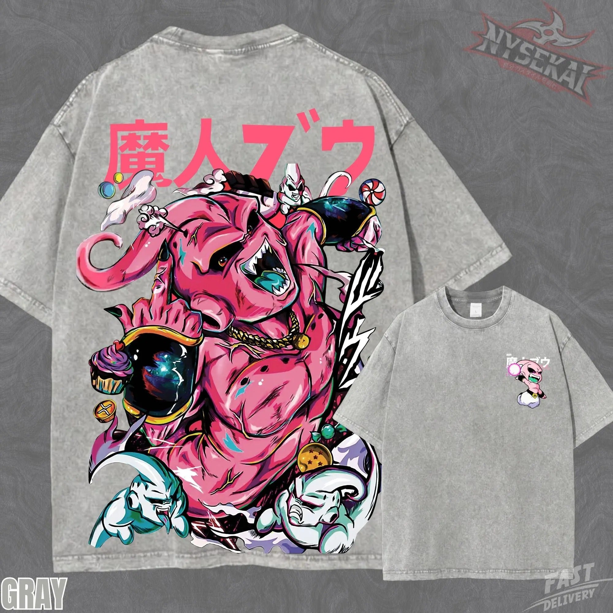 Kitsukai Kid Buu Majin Pump Cover Oversized Vintage Wash Heavyweight Graphic Tee