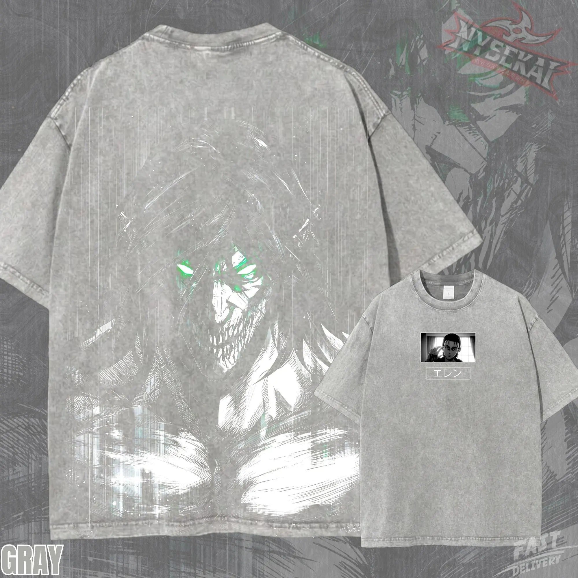 Kitsukai Eren Yeager Attack Titan AOT Pump Cover Shingeki no Kyojin Oversized Vintage Wash Tee