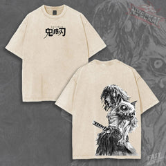 Kitsukai Inosuke Hashibira Beast Breathing Graphic Tee – Vintage Washed Cotton Anime Shirt