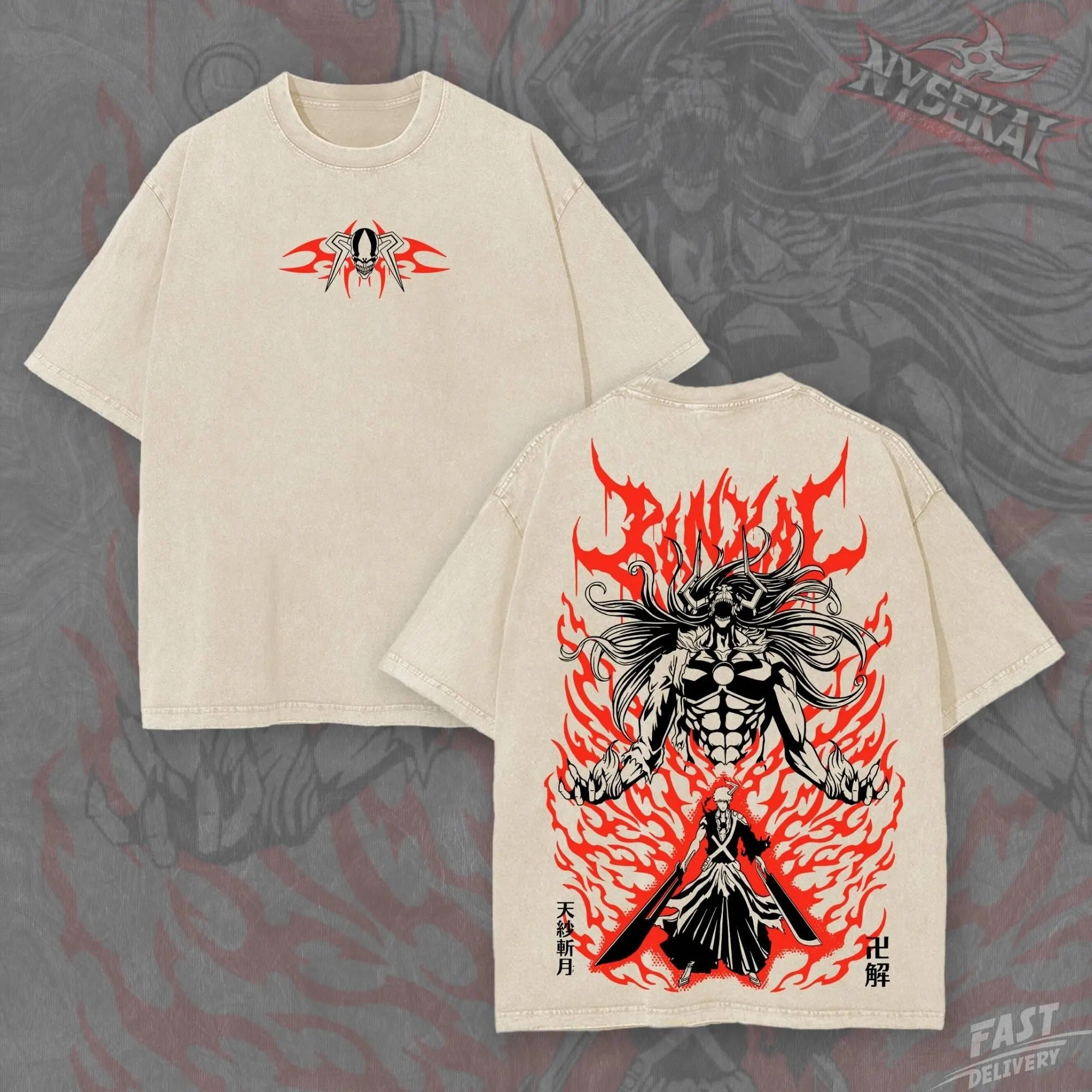 Kitsukai Ichigo Dual Swords Hollow King Bankai Vintage Wash Heavyweight Graphic Tee Pump Cover