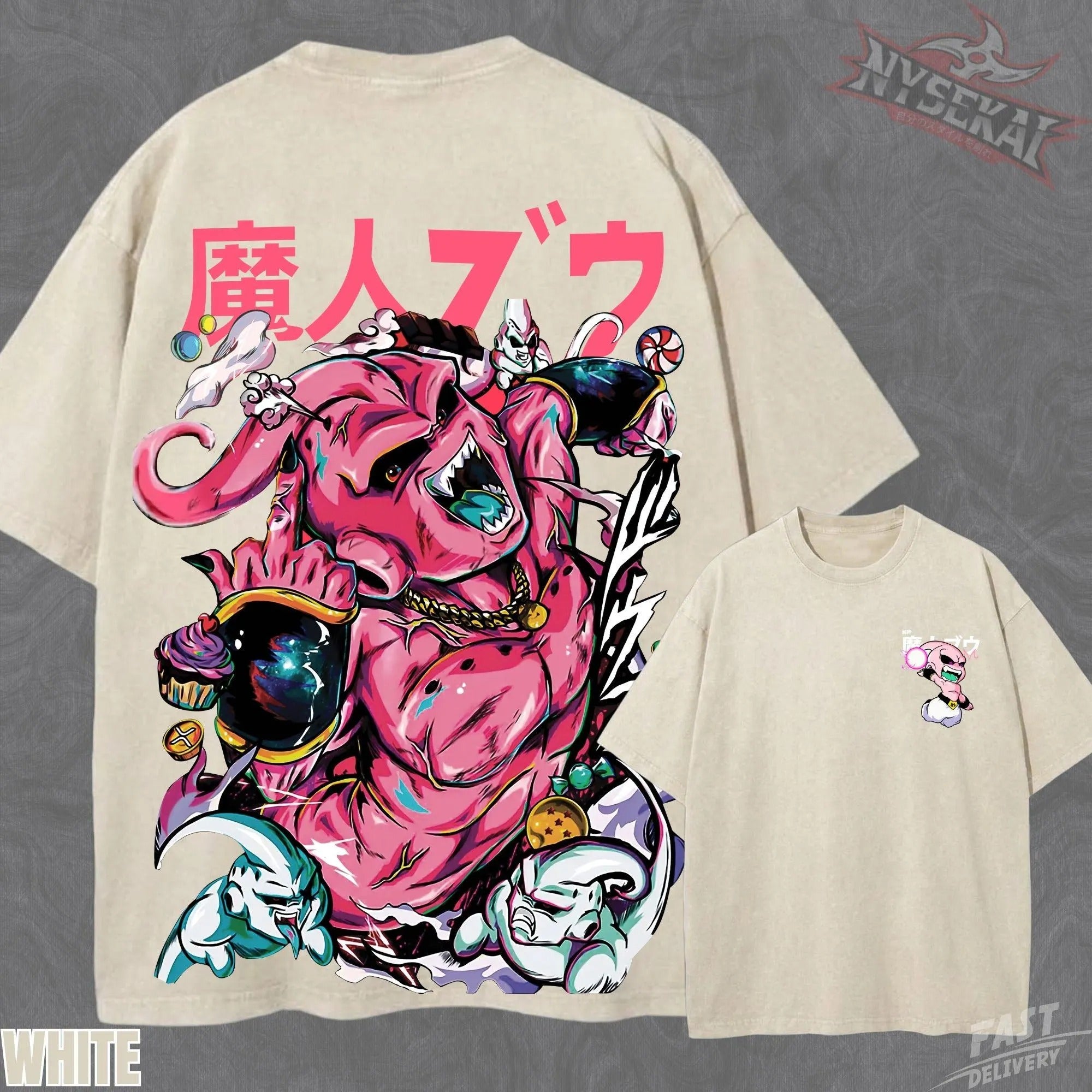 Kitsukai Kid Buu Majin Pump Cover Oversized Vintage Wash Heavyweight Graphic Tee