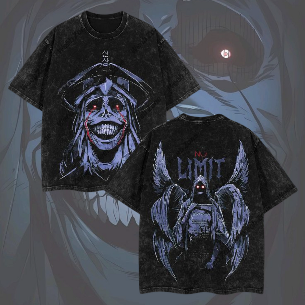 Otakuri black vintage washed cotton t-shirt featuring a highly detailed graphic of the smiling God Statue with red eyes from Solo Leveling